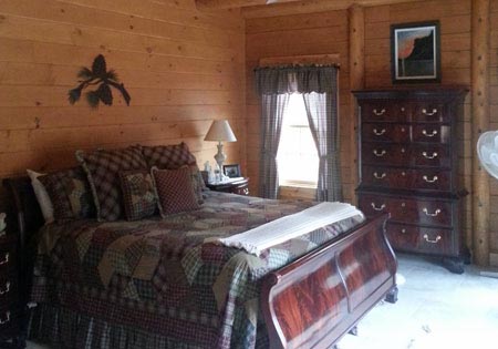 Log home bedroom with storage