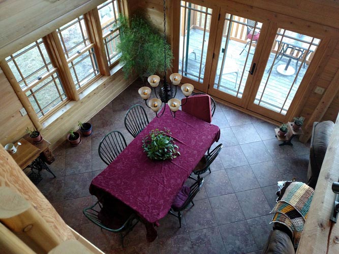 Madison Log Home Dining looking from loft