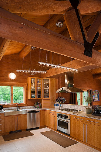 Log home kitchen with stainless steel appliances