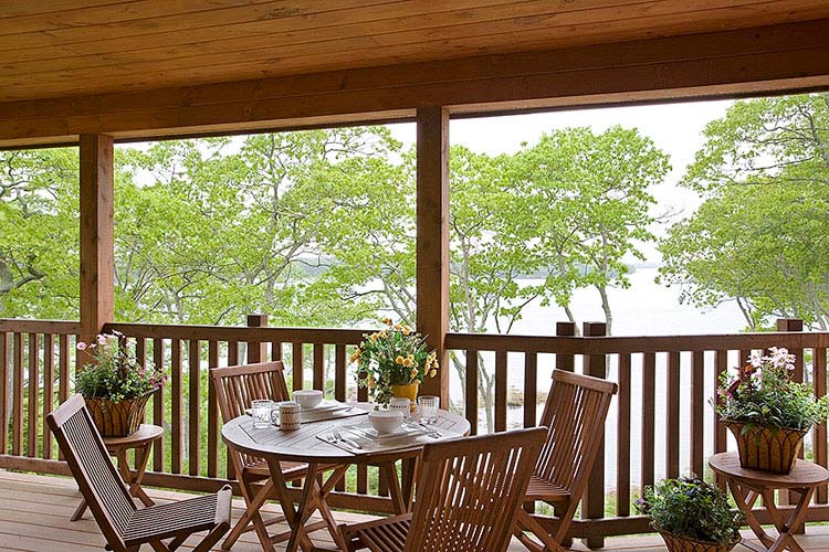 Sitting area on porch with round table