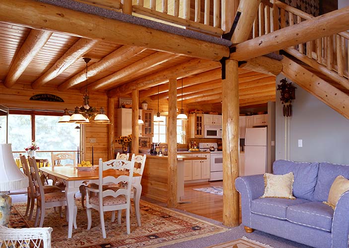 Coopersburg Log Home Dining Room with round beams