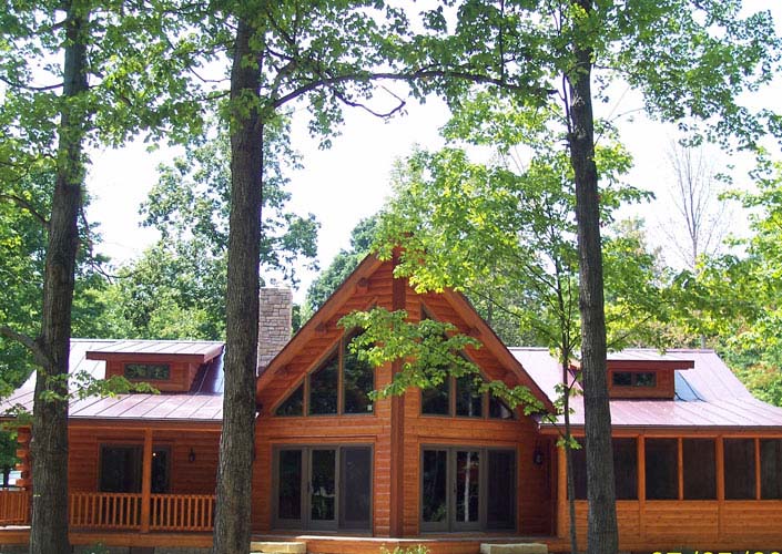 Custom log home with prow front