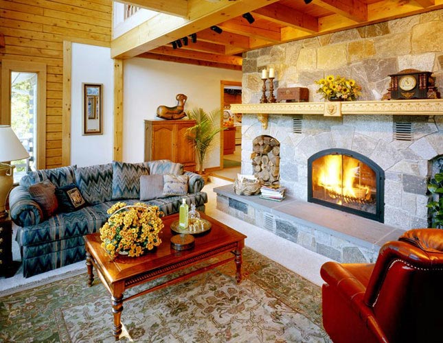 Log Home Hybrid with stone fireplace