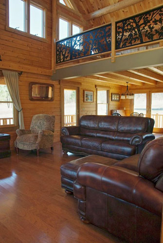 Log Home Hybrid Living Room with leather furniture