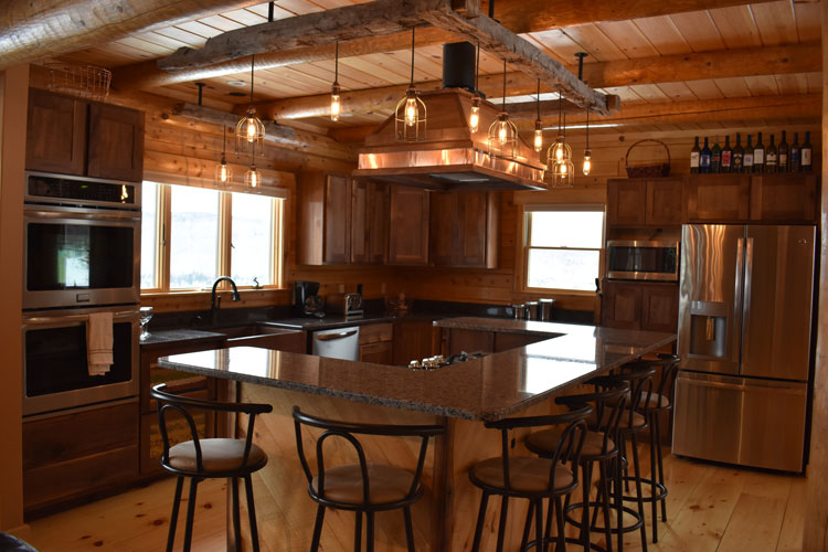 Log Home Kitchen with large bar