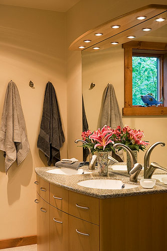 Modern Log Home Bathroom with large mirror and drywall