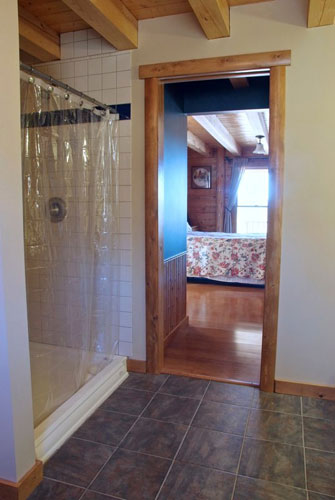 Hybrid bathroom with see-through shower curtain and exposed beam ceiling