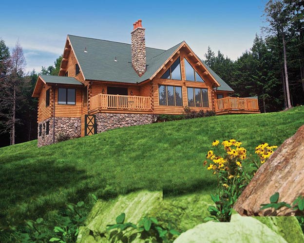 Exterior view of log home with lots of gable glass