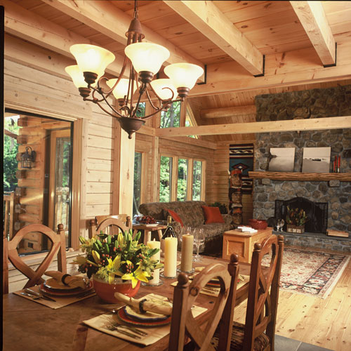 Exposed ceiling joists in dining room