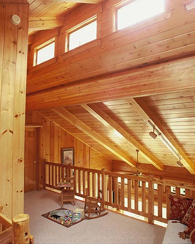 Clerestory loft with cedar railing 